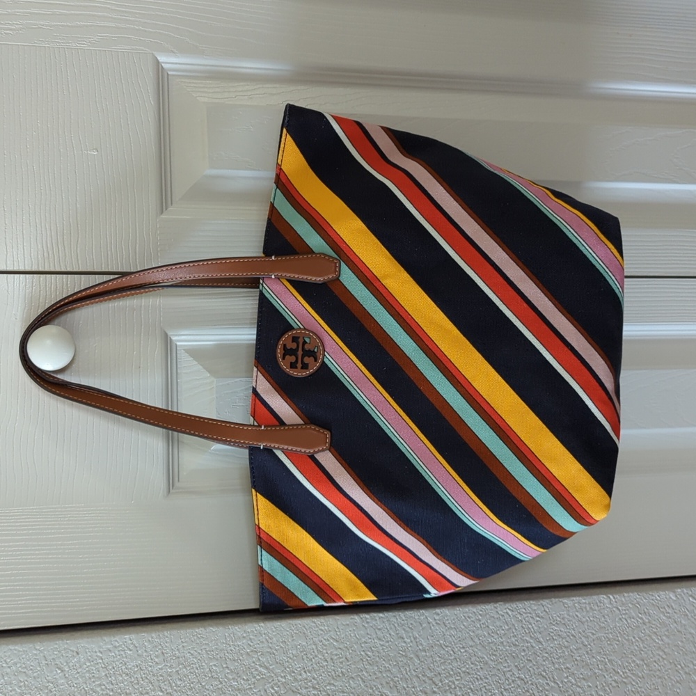 Tory Burch Canvas Tote Blue Yellow Red Pink Stripes